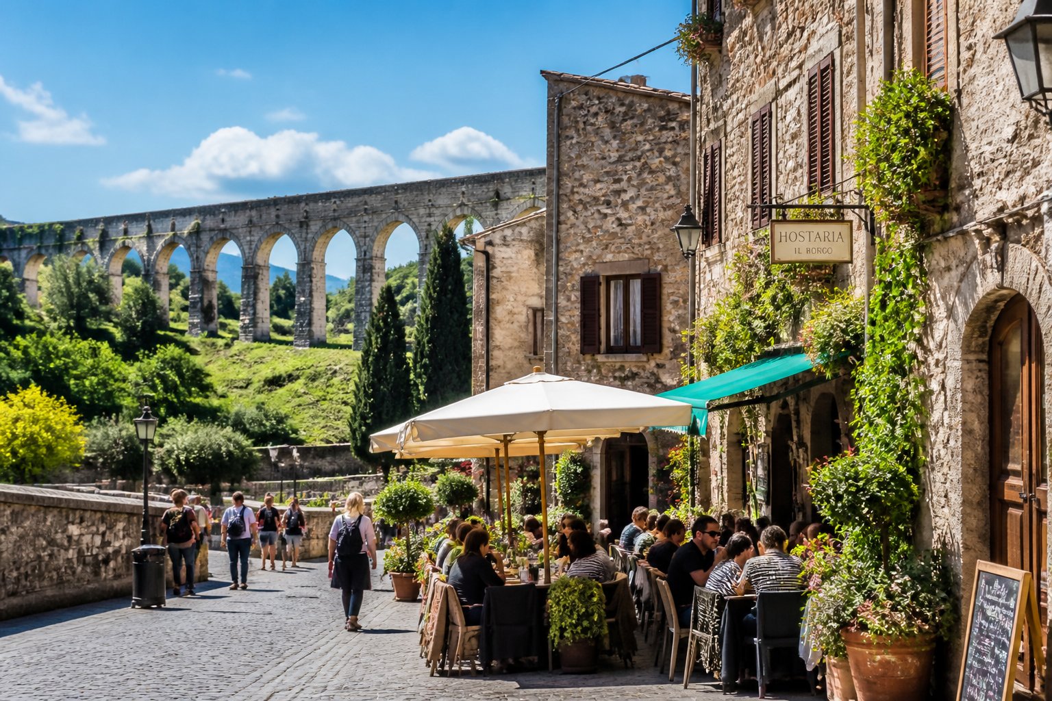 Vista de uma cidade histórica próxima a Roma com ruas de paralelepípedos, aqueduto romano e pessoas em cafés ao ar livre.