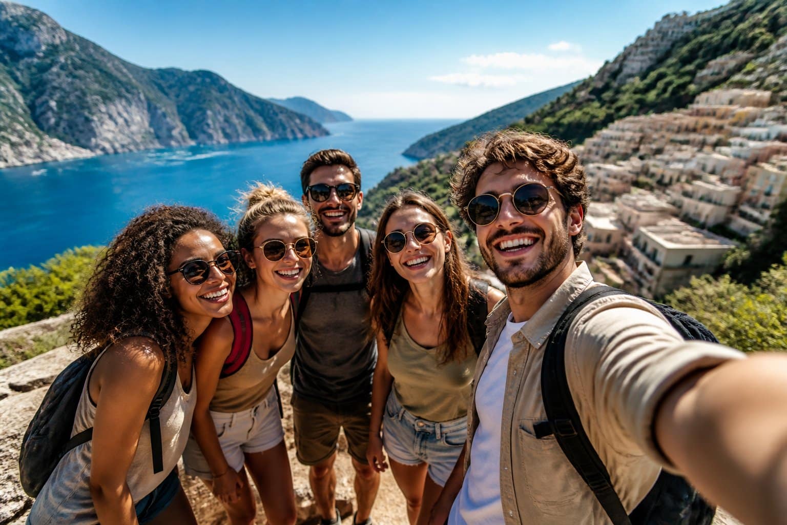 Grupo de jovens sorrindo e explorando uma paisagem natural e urbana durante uma viagem.