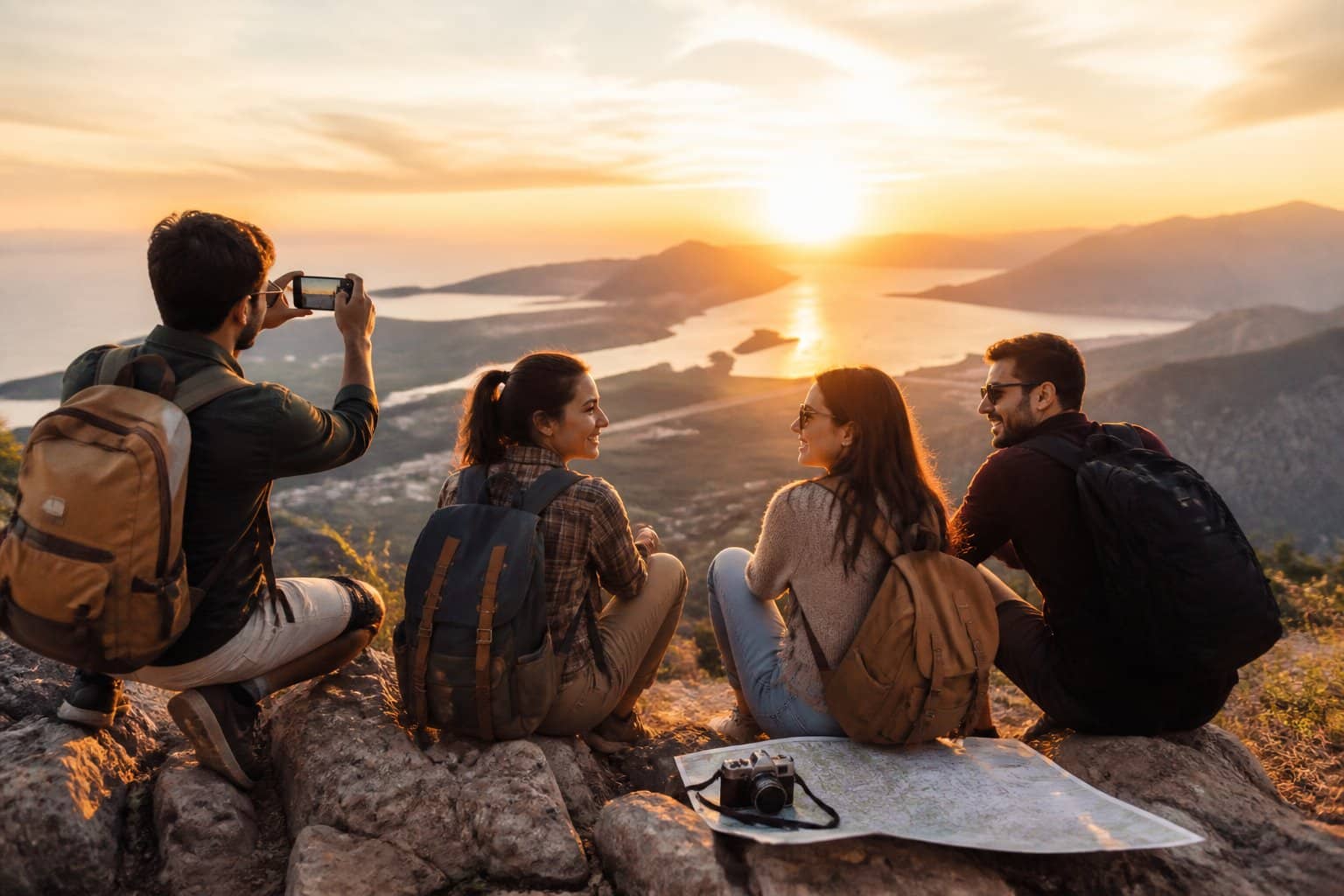 Grupo de jovens viajantes desfrutando de uma paisagem natural ao ar livre, com montanhas ou praia ao fundo, em um momento de descontração e alegria.