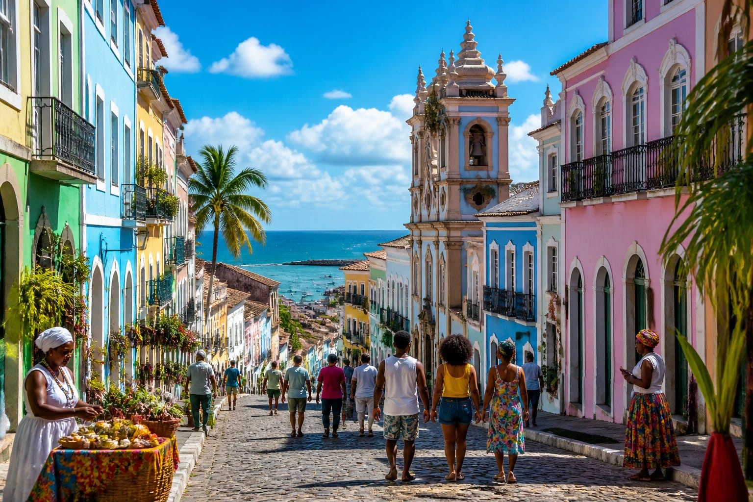 Rua colorida em Salvador, Bahia, com arquitetura colonial, pessoas caminhando e o mar ao fundo.