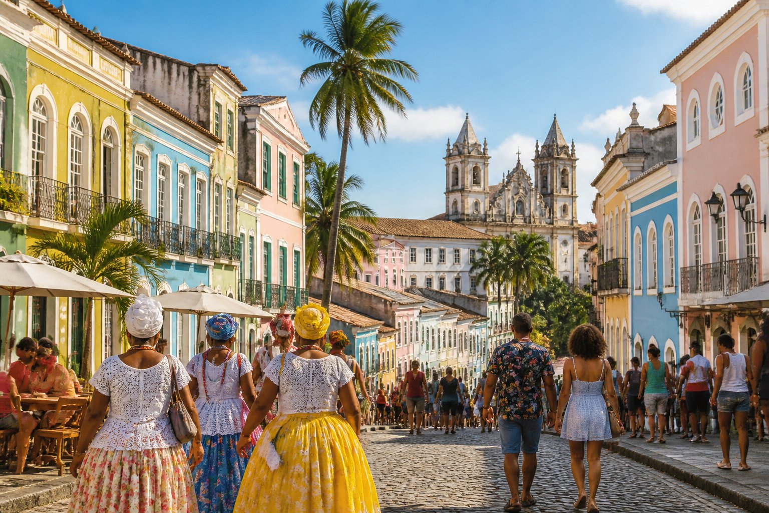 Vista das ruas coloridas do Pelourinho em Salvador com pessoas caminhando e prédios históricos ao fundo.