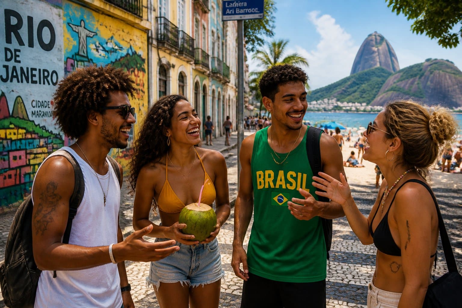 Grupo de jovens conversando e rindo em uma rua colorida do Rio de Janeiro com o Pão de Açúcar ao fundo.