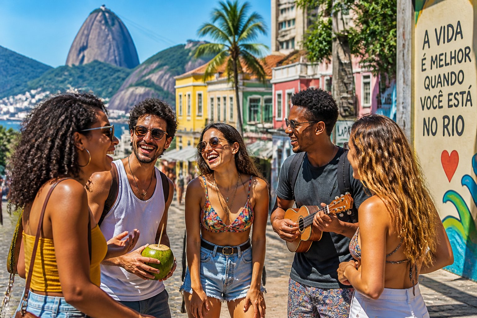 Grupo de jovens sorrindo e conversando em uma rua do Rio de Janeiro com prédios coloridos e o Pão de Açúcar ao fundo.
