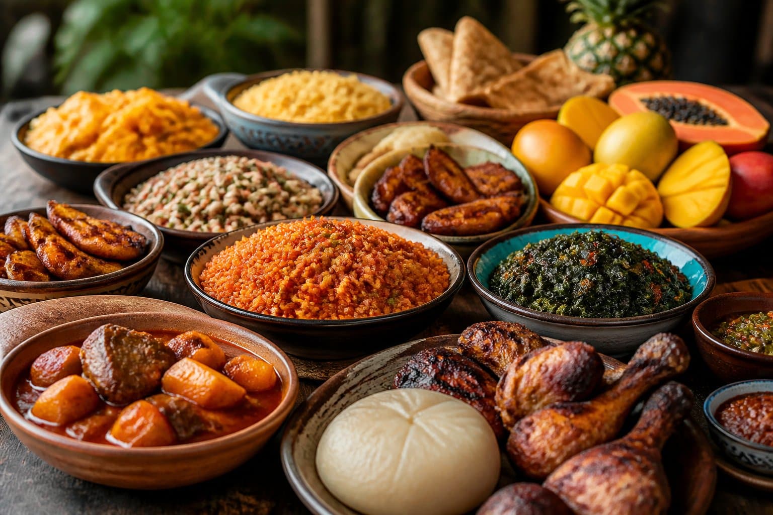 Mesa com diversos pratos tradicionais de comida de origem africana, incluindo arroz, vegetais, carnes grelhadas e frutas frescas.
