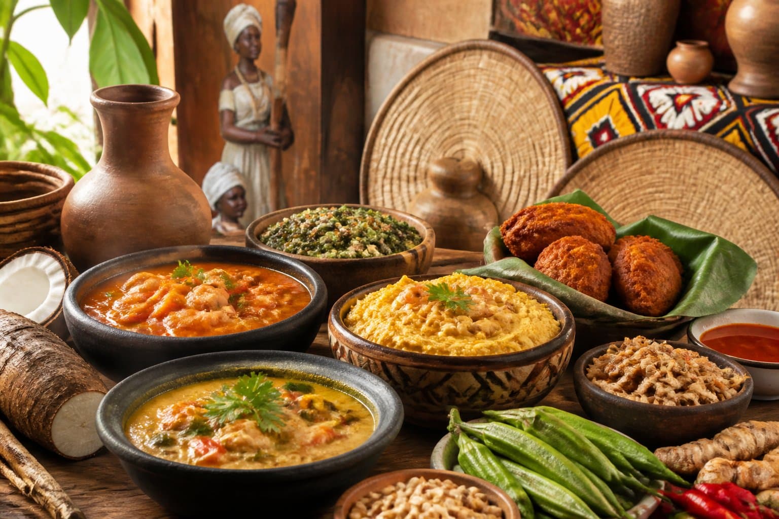 Mesa rústica com pratos tradicionais da culinária afro-brasileira, incluindo vatapá, acarajé e moqueca, acompanhados de ingredientes frescos e elementos culturais ao fundo.