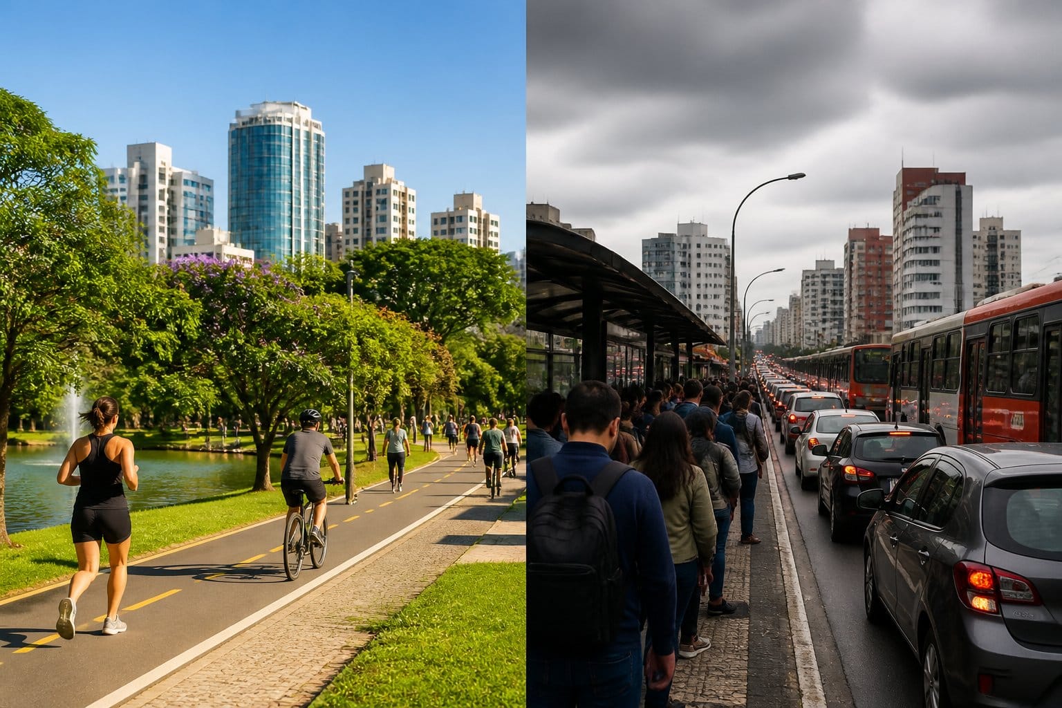 Cena dividida mostrando um parque urbano com pessoas se exercitando e prédios modernos de um lado, e trânsito congestionado com pedestres esperando ônibus do outro lado, representando vantagens e desvantagens de morar em Curitiba.