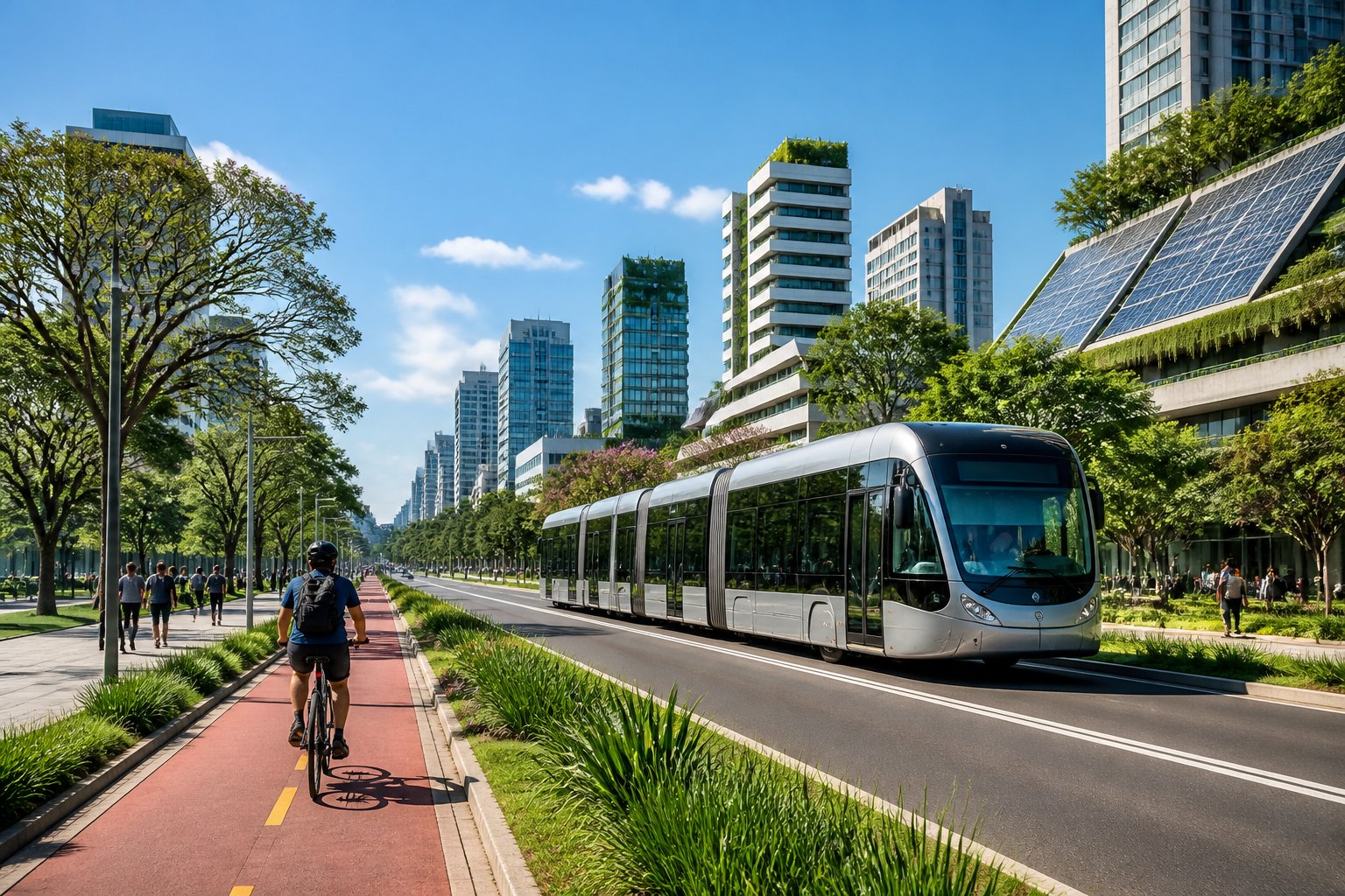 Rua urbana limpa em Curitiba com ciclovia, árvores, pessoas caminhando, edifícios modernos com painéis solares e transporte público ao fundo.