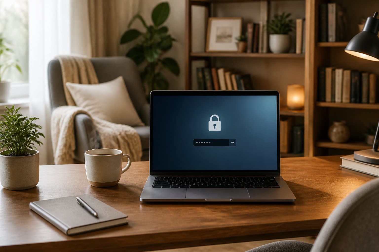 Um escritório doméstico aconchegante com uma mesa de madeira, laptop, xícara de café e planta, iluminado por luz natural, transmitindo sensação de segurança.