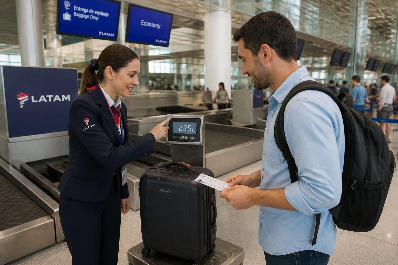 Funcionário da companhia aérea LATAM ajudando passageiro a pesar bagagem no balcão de check-in do aeroporto.