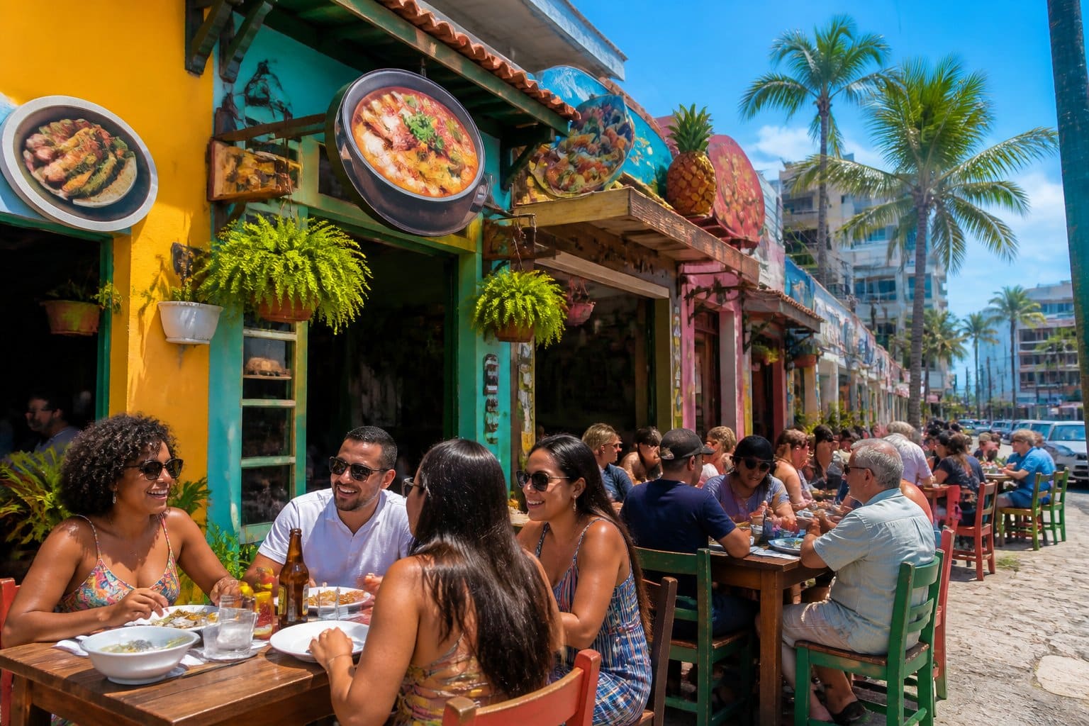 Rua em Aracaju com restaurantes pequenos e coloridos, pessoas sentadas comendo em mesas ao ar livre em um ambiente alegre e acolhedor.