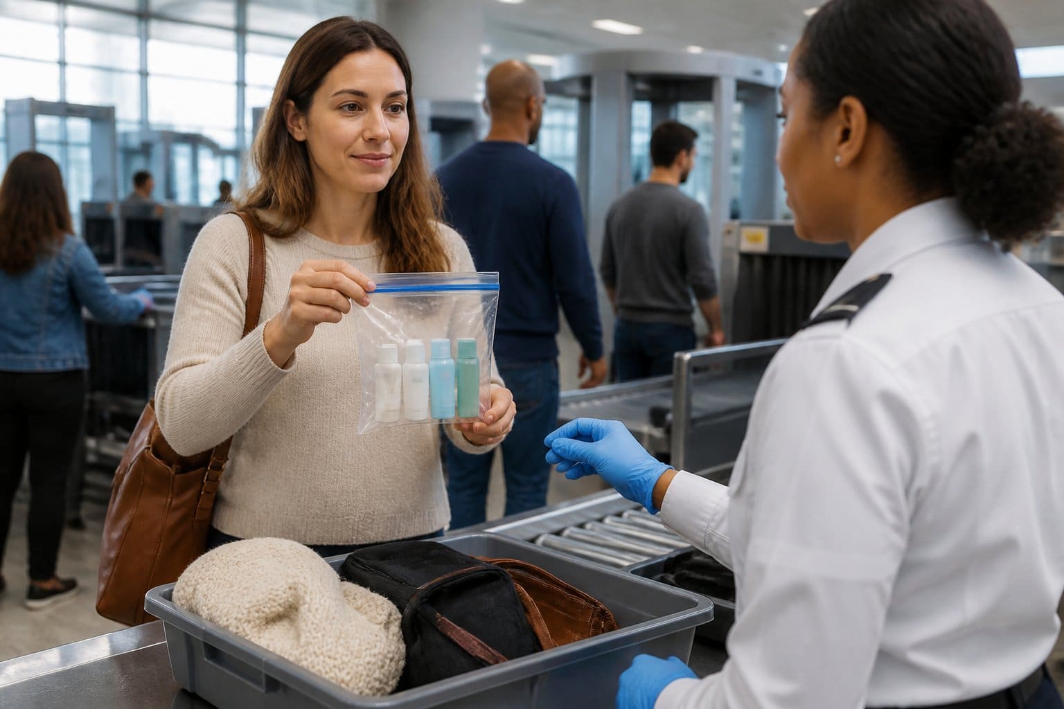 Passageiro no aeroporto mostrando uma sacola plástica transparente com shampoo e condicionador para o agente de segurança.