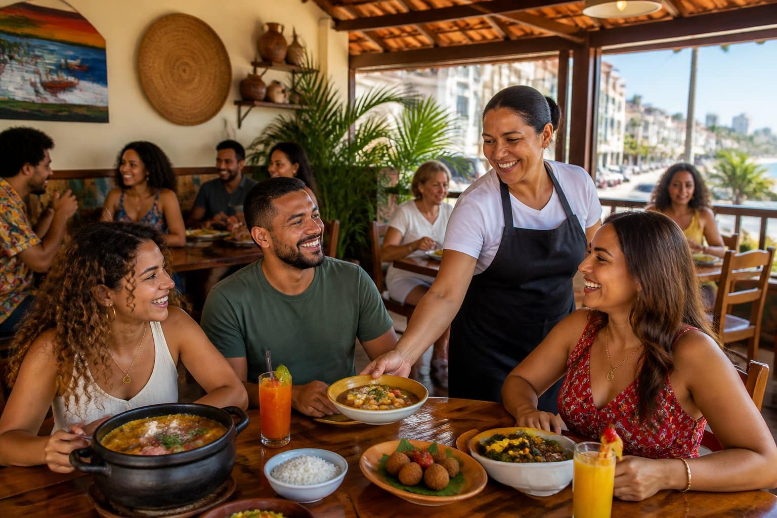 Restaurante local em Aracaju com pessoas felizes comendo pratos típicos brasileiros em um ambiente acolhedor e iluminado.