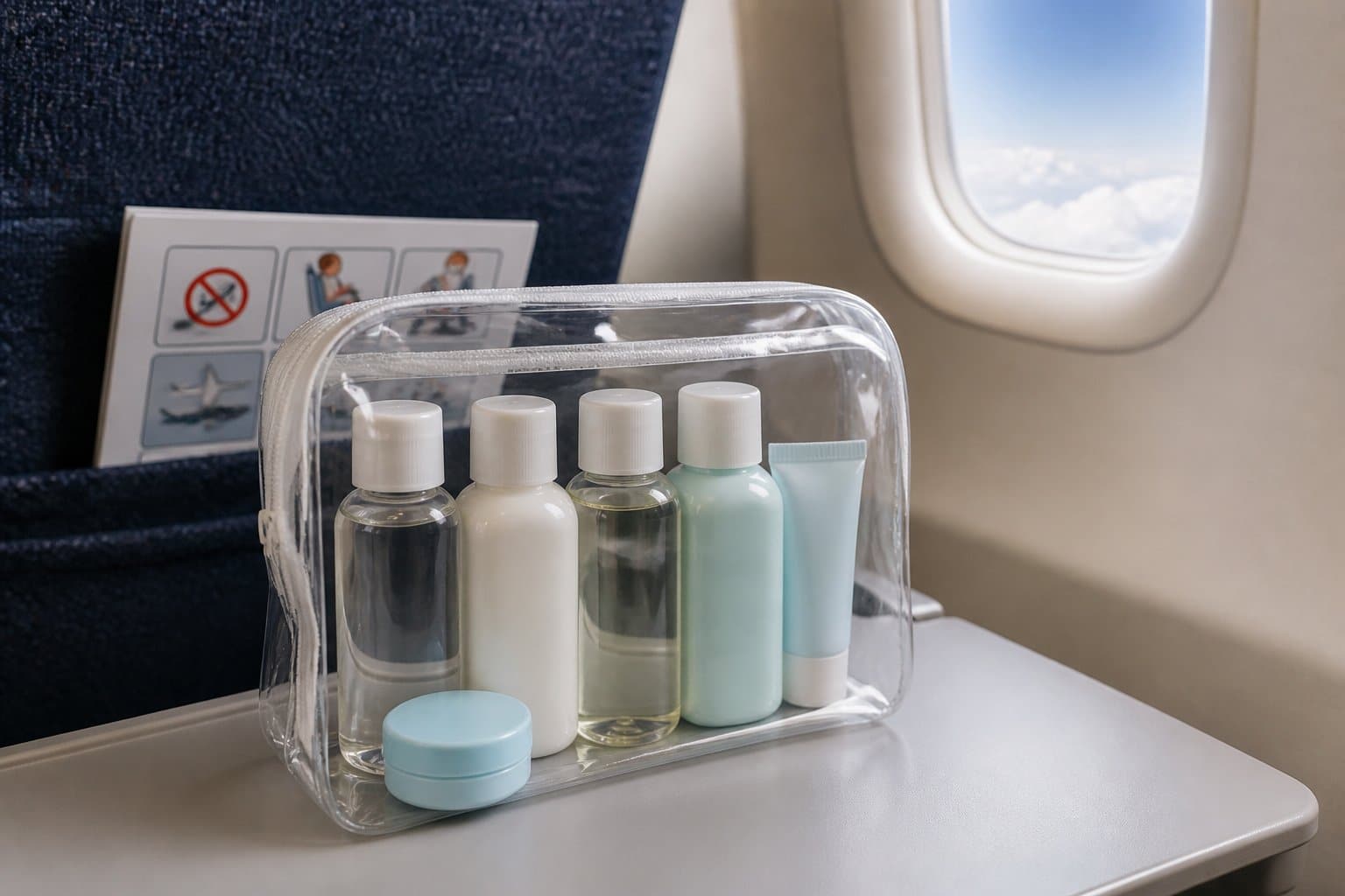 Bolsa transparente com shampoo e condicionador em tamanho de viagem sobre a mesa de um avião, com janela mostrando o céu ao fundo.