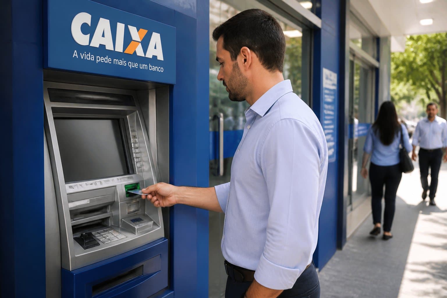 Pessoa fazendo saque em um caixa eletrônico da Caixa Econômica Federal em ambiente urbano.