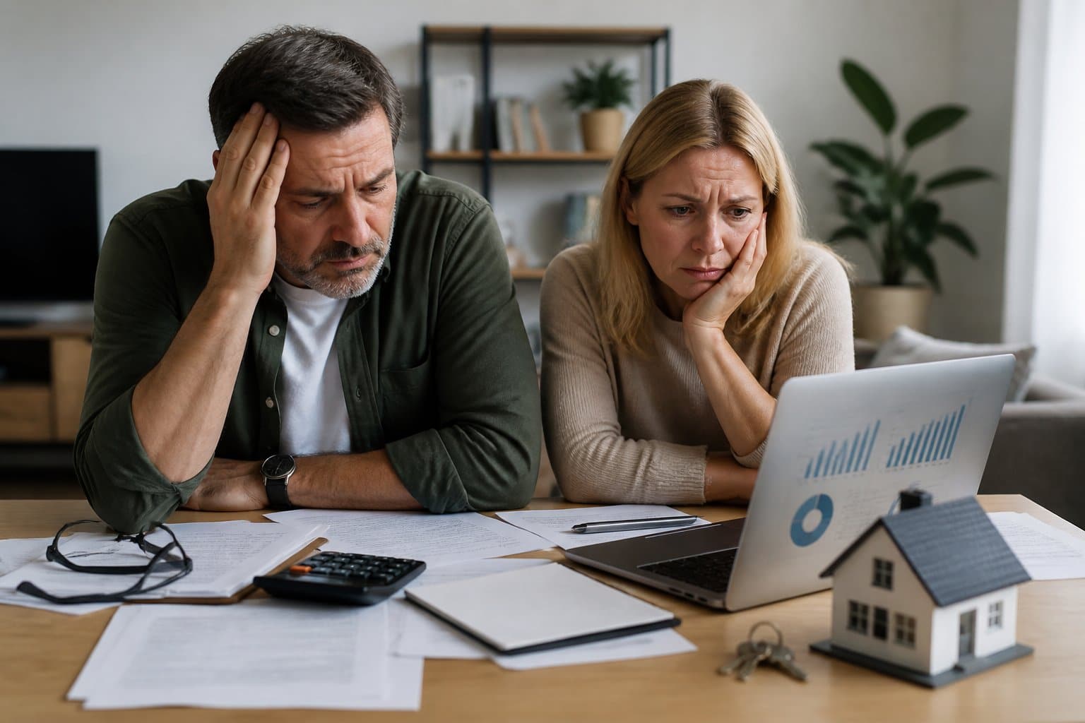 Casal preocupado sentado à mesa com documentos, calculadora e modelo de casa, mostrando estresse relacionado a consórcio imobiliário.