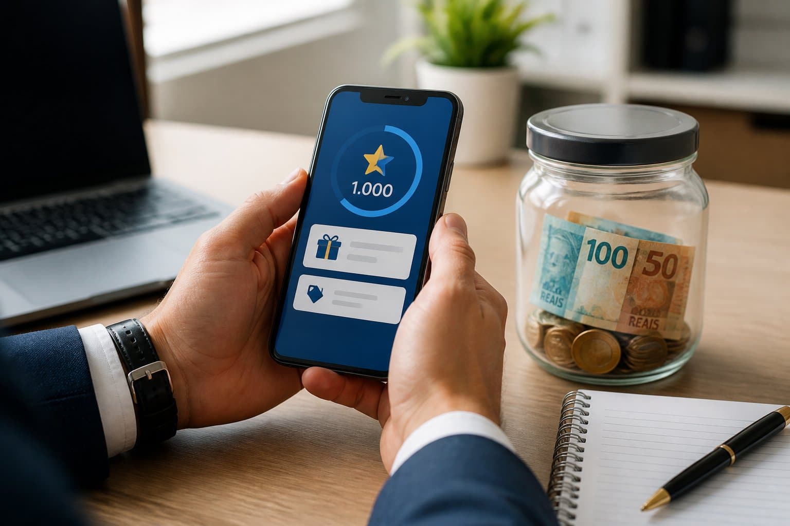 Mãos segurando um smartphone com um aplicativo de pontos aberto, ao lado um pote de vidro com cédulas e moedas de reais em uma mesa de escritório.