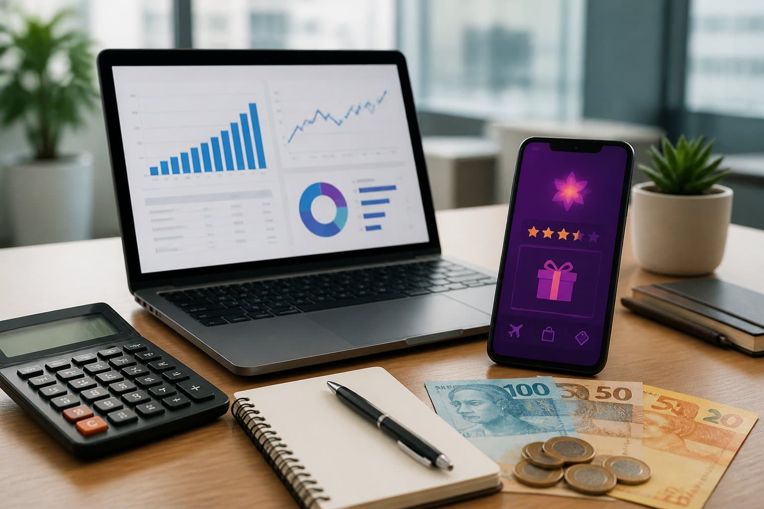 Mesa de escritório com laptop, calculadora, smartphone e dinheiro em reais, mostrando uma análise financeira sobre pontos de recompensa.