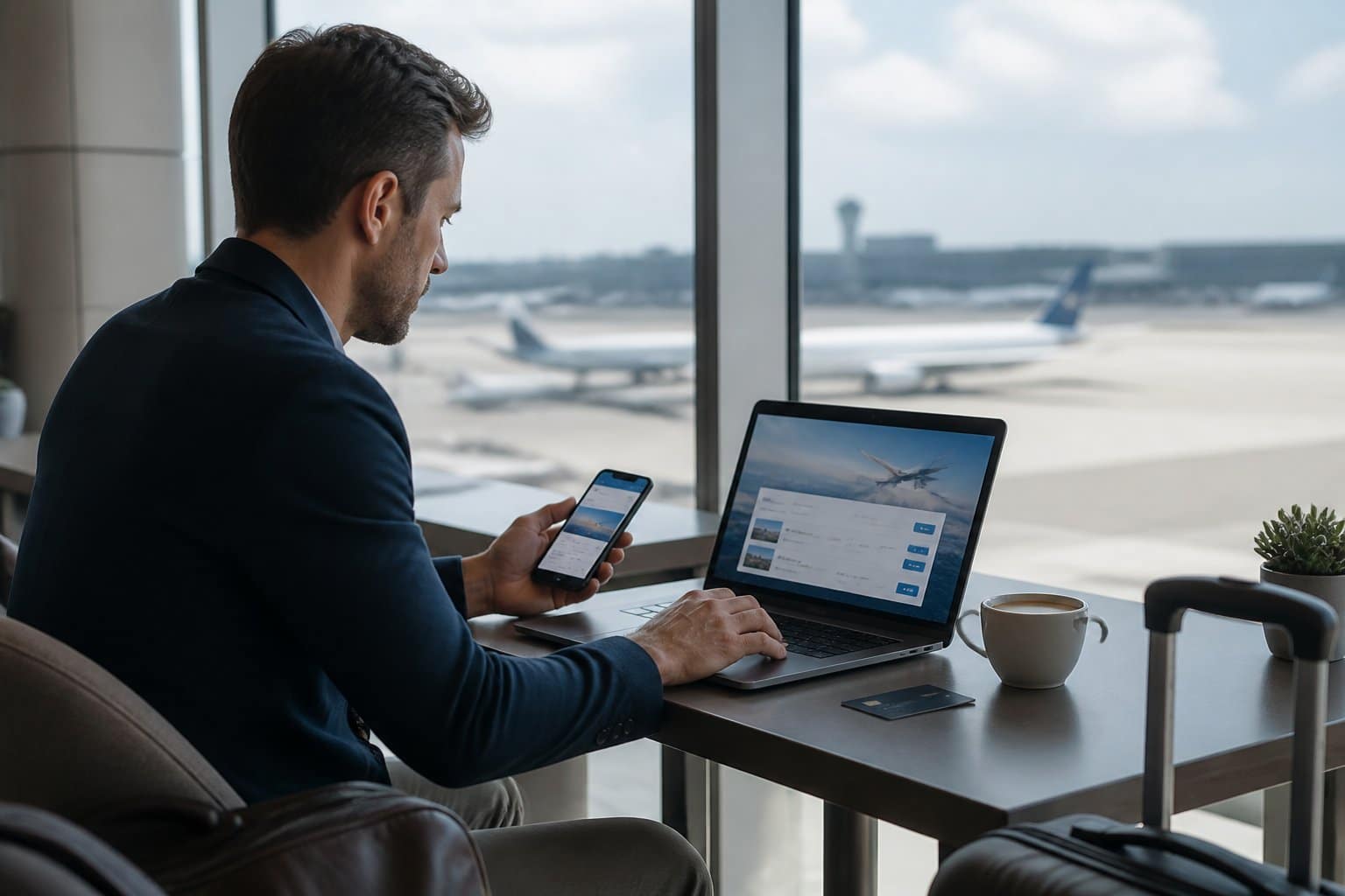 Pessoa planejando uma viagem em um lounge de aeroporto, usando laptop e smartphone, com avião ao fundo.