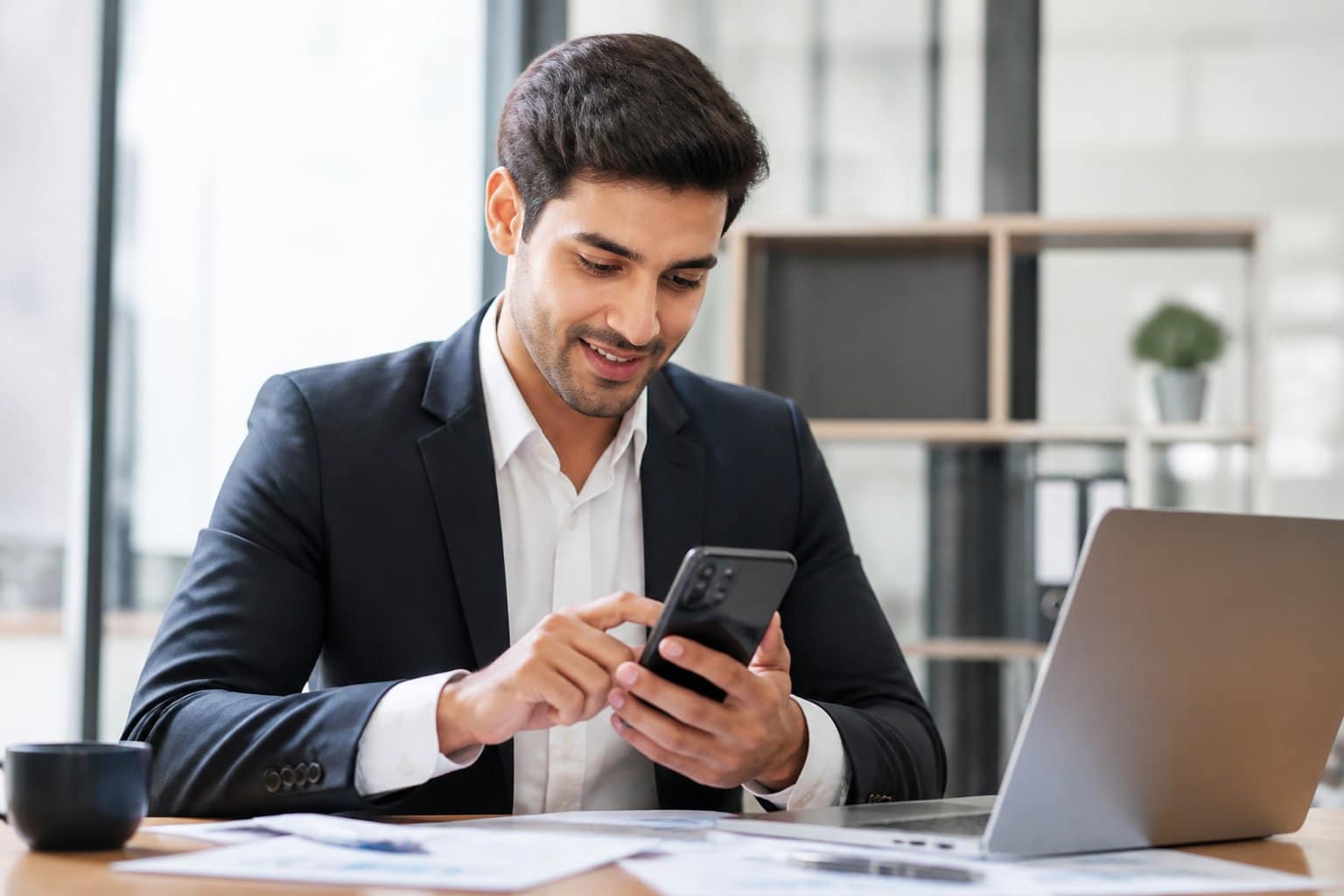 Pessoa usando um smartphone em um escritório moderno, demonstrando o processo de solicitação de empréstimo com garantia de celular.