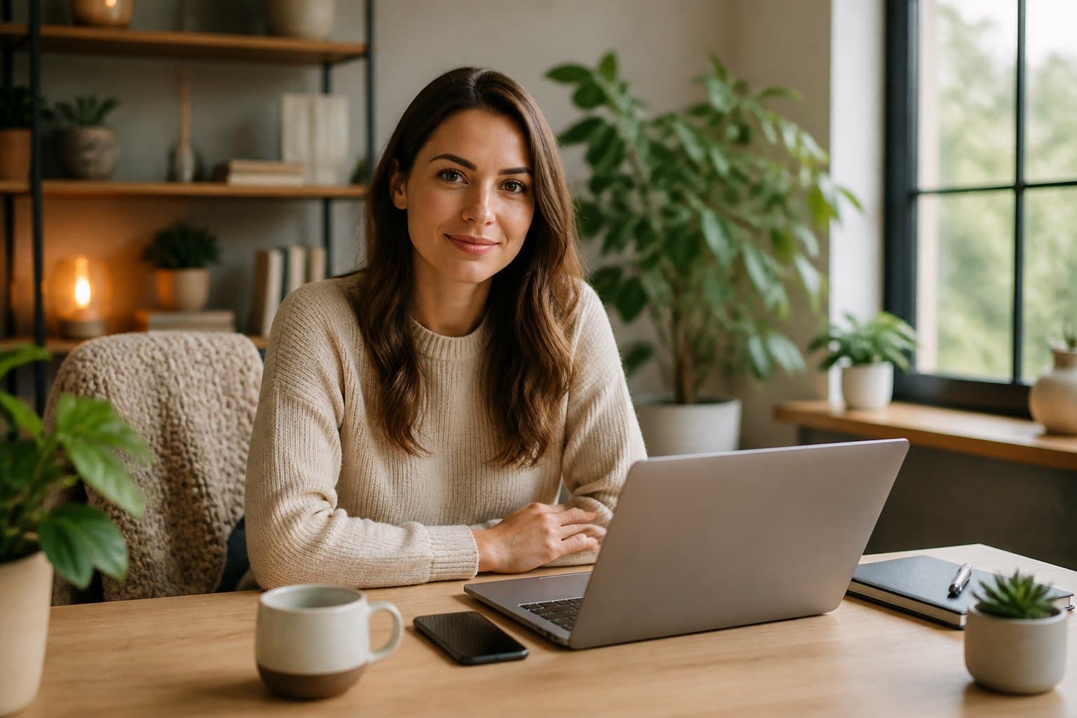 Pessoa sentada confortavelmente em um escritório doméstico bem iluminado e aconchegante, usando um laptop em uma mesa organizada com plantas e uma xícara de café.