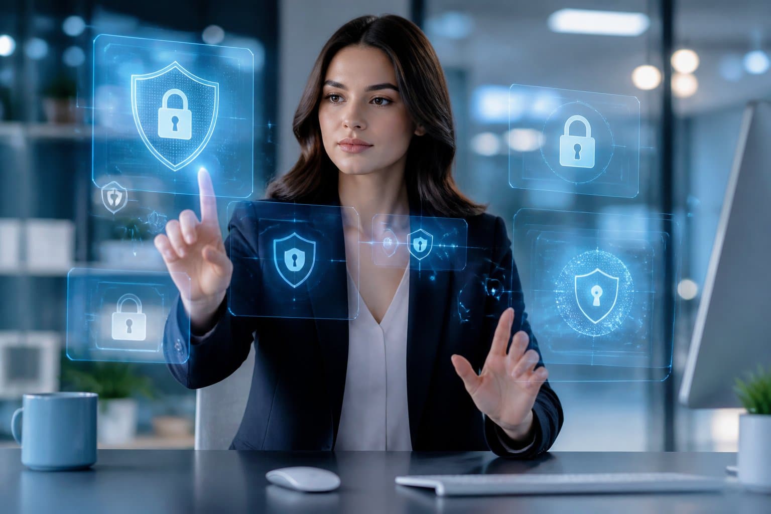 Mulher profissional interagindo com telas digitais que exibem ícones de segurança em um ambiente de escritório moderno.