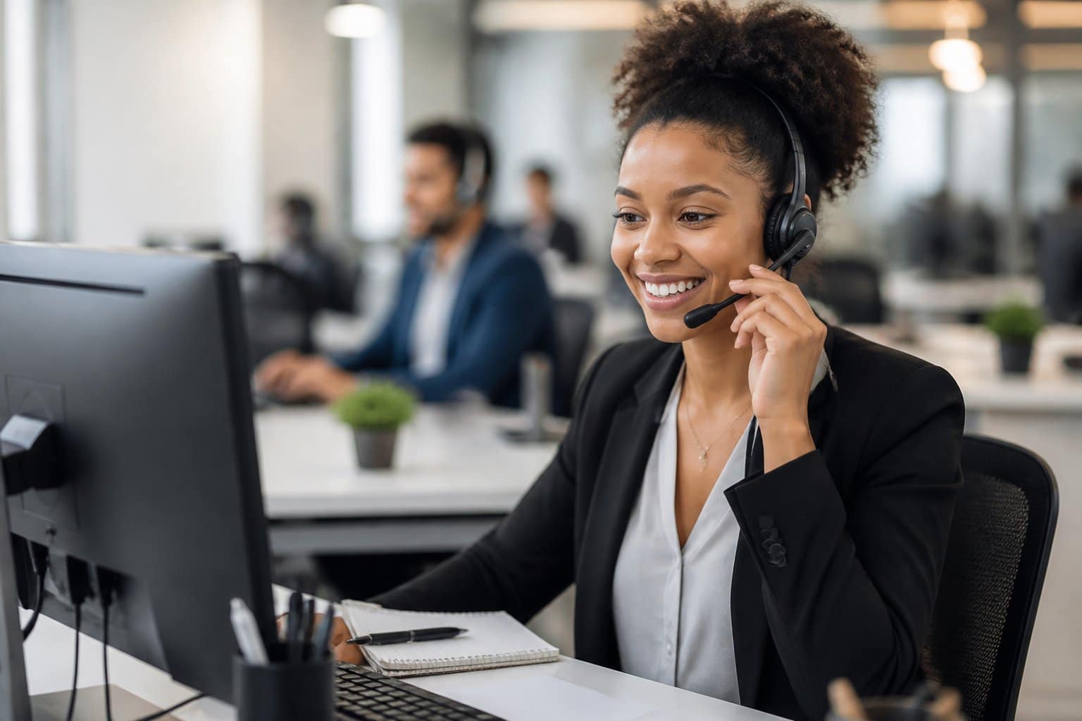 Pessoa atendente de serviço ao cliente usando headset, falando ao telefone em um escritório moderno.