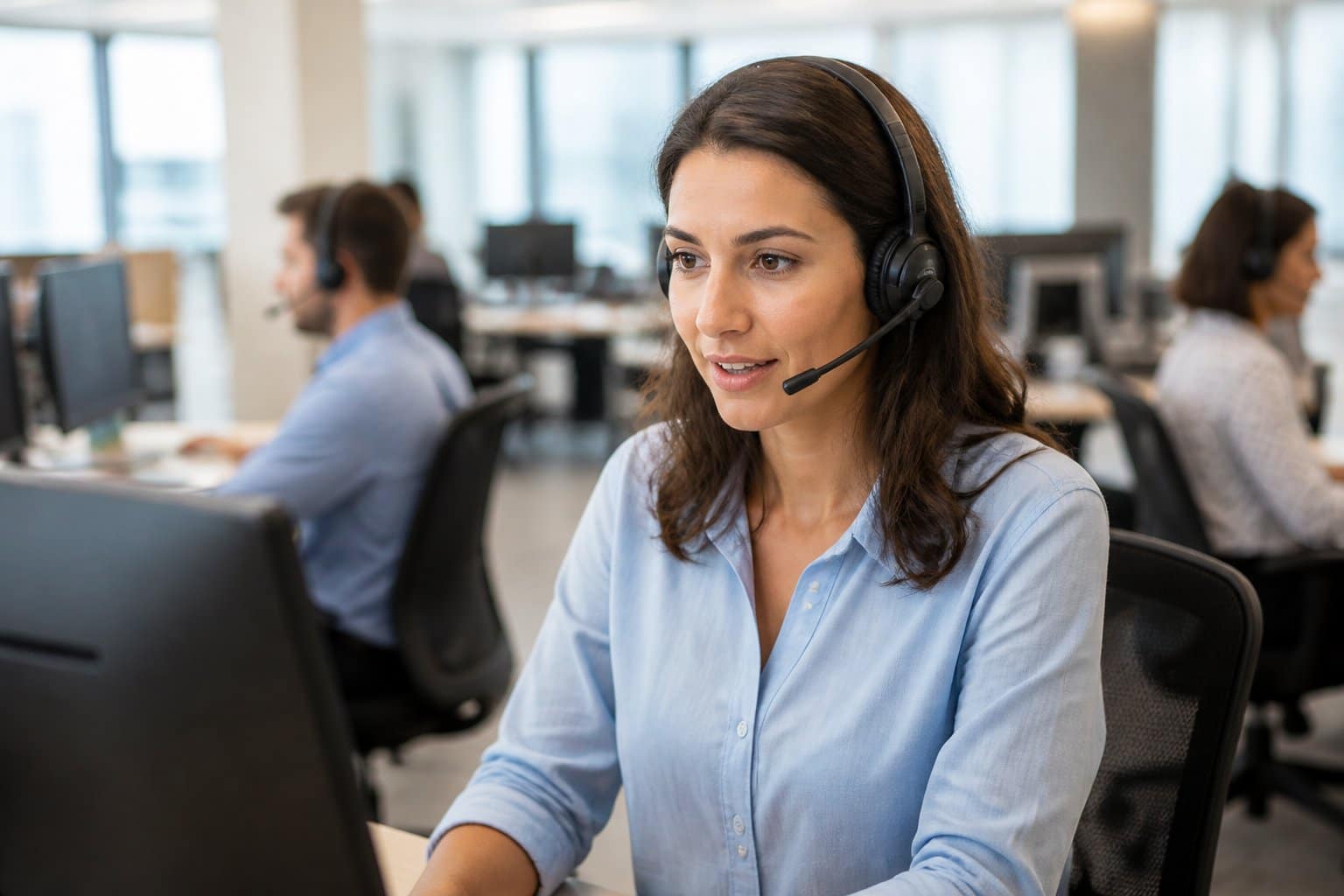 Atendente de call center usando headset em escritório moderno e iluminado, com outras pessoas trabalhando ao fundo.