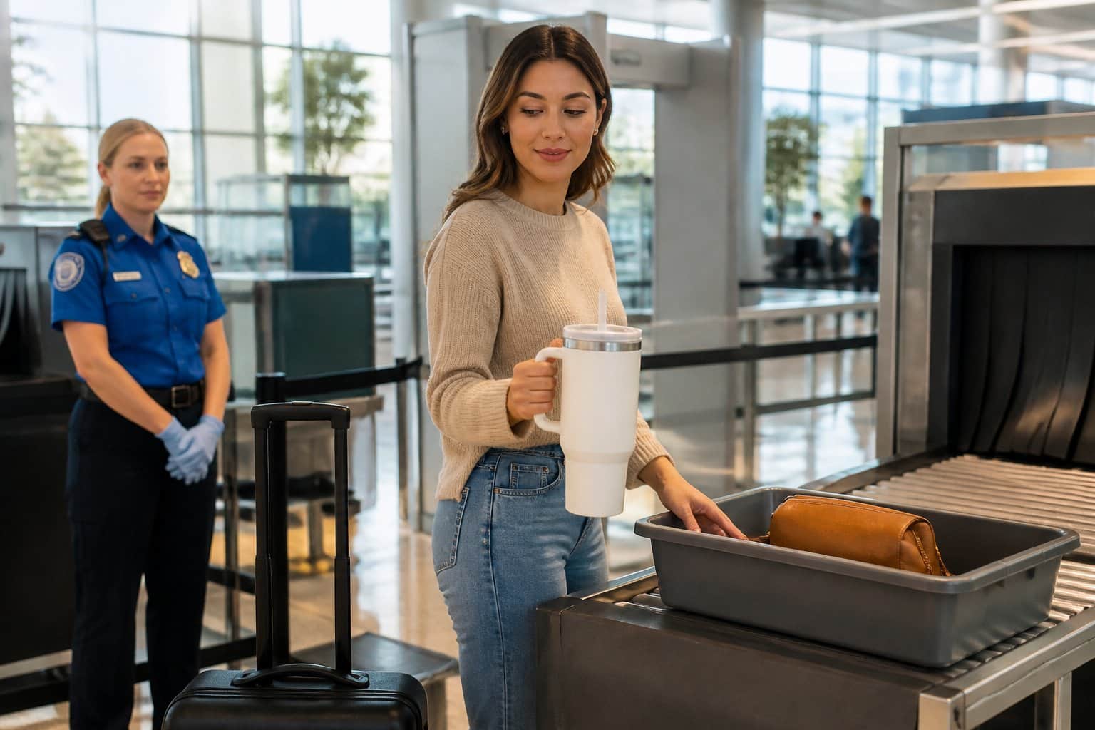 Viajante segurando um copo Stanley em um controle de segurança de aeroporto.