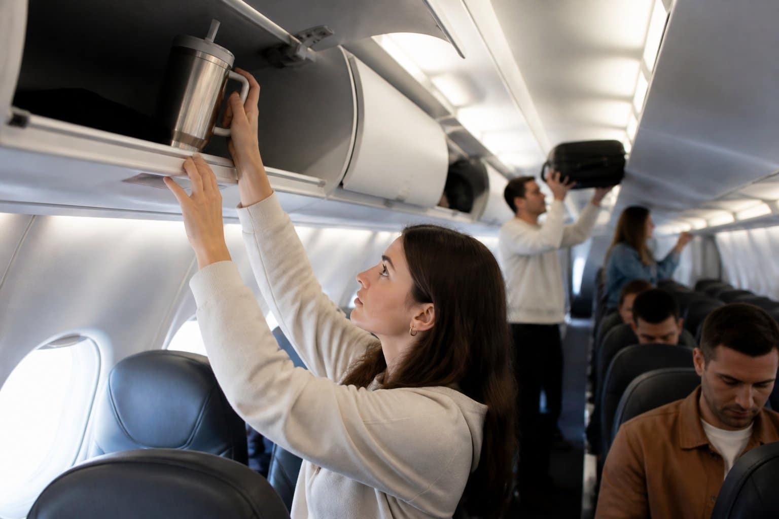 Passageiro guardando um copo Stanley no compartimento superior dentro de um avião.