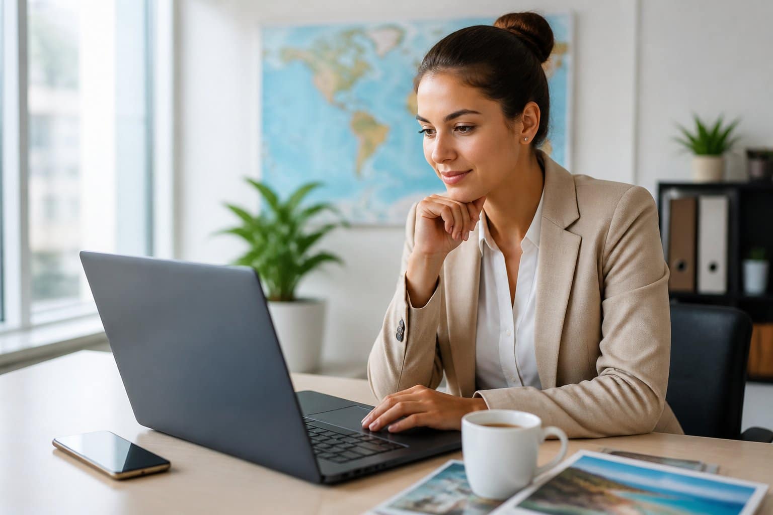 Mulher jovem sentada em uma mesa de escritório moderna, olhando para um laptop em um ambiente de trabalho iluminado e organizado.