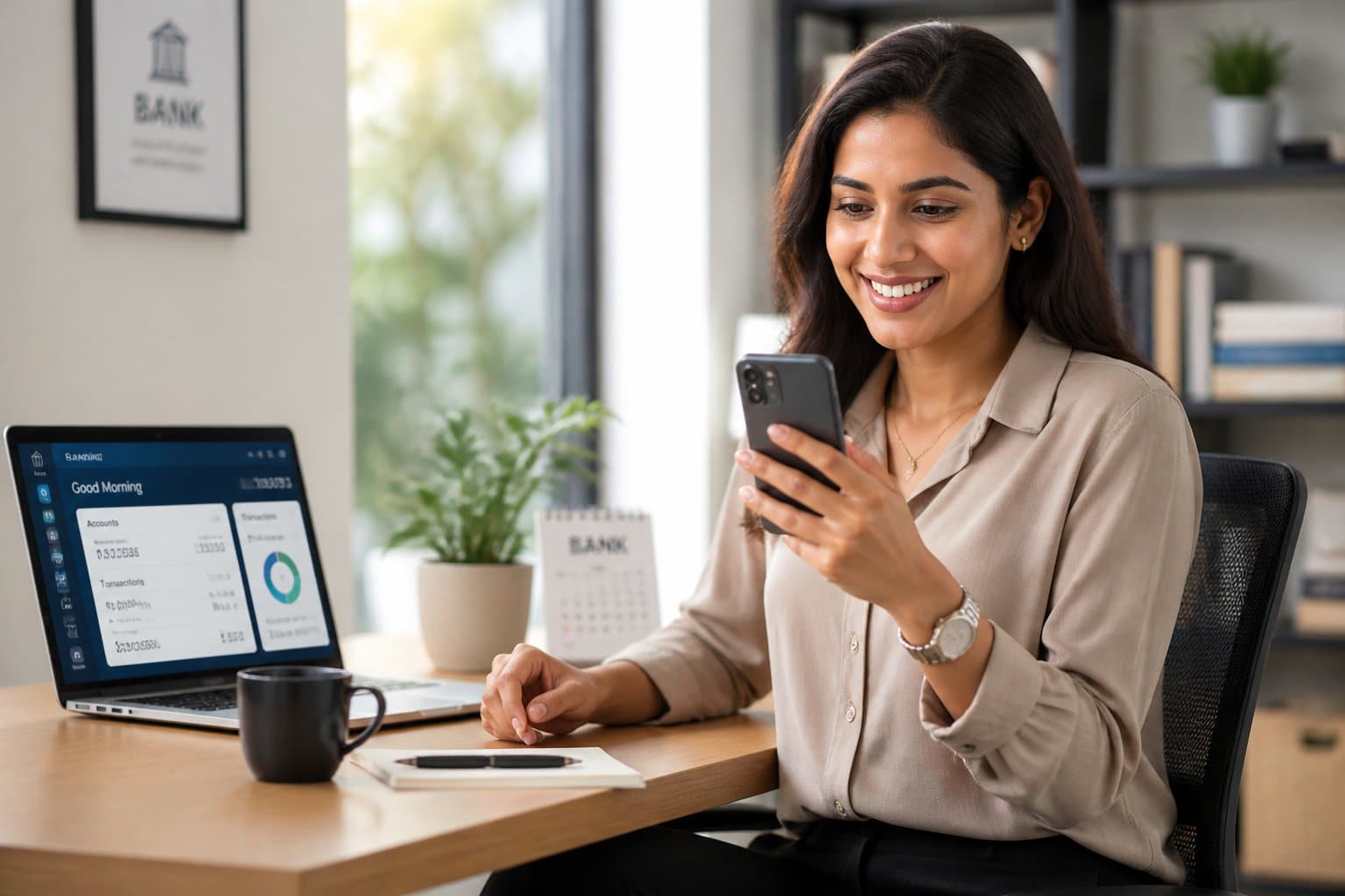 Mulher jovem sentada em uma mesa moderna, sorrindo enquanto usa um smartphone para conversar pelo WhatsApp, com um laptop aberto ao lado em um ambiente de escritório em casa.