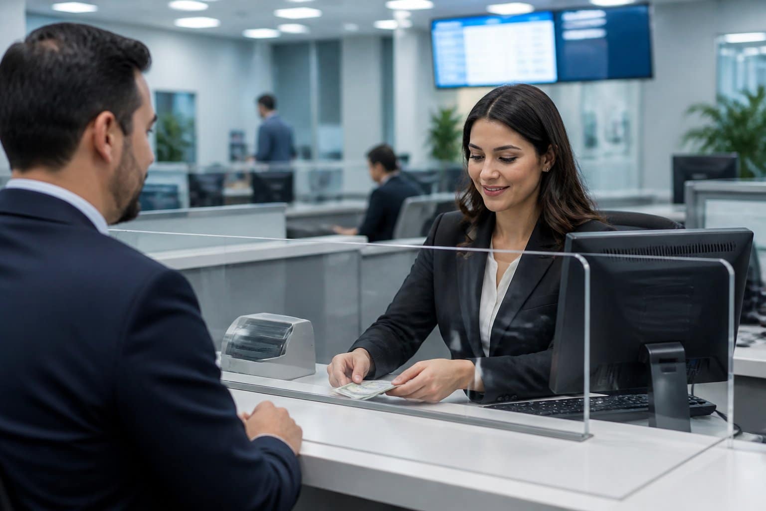 Um caixa de banco moderno atendendo um cliente em um ambiente limpo e bem iluminado.