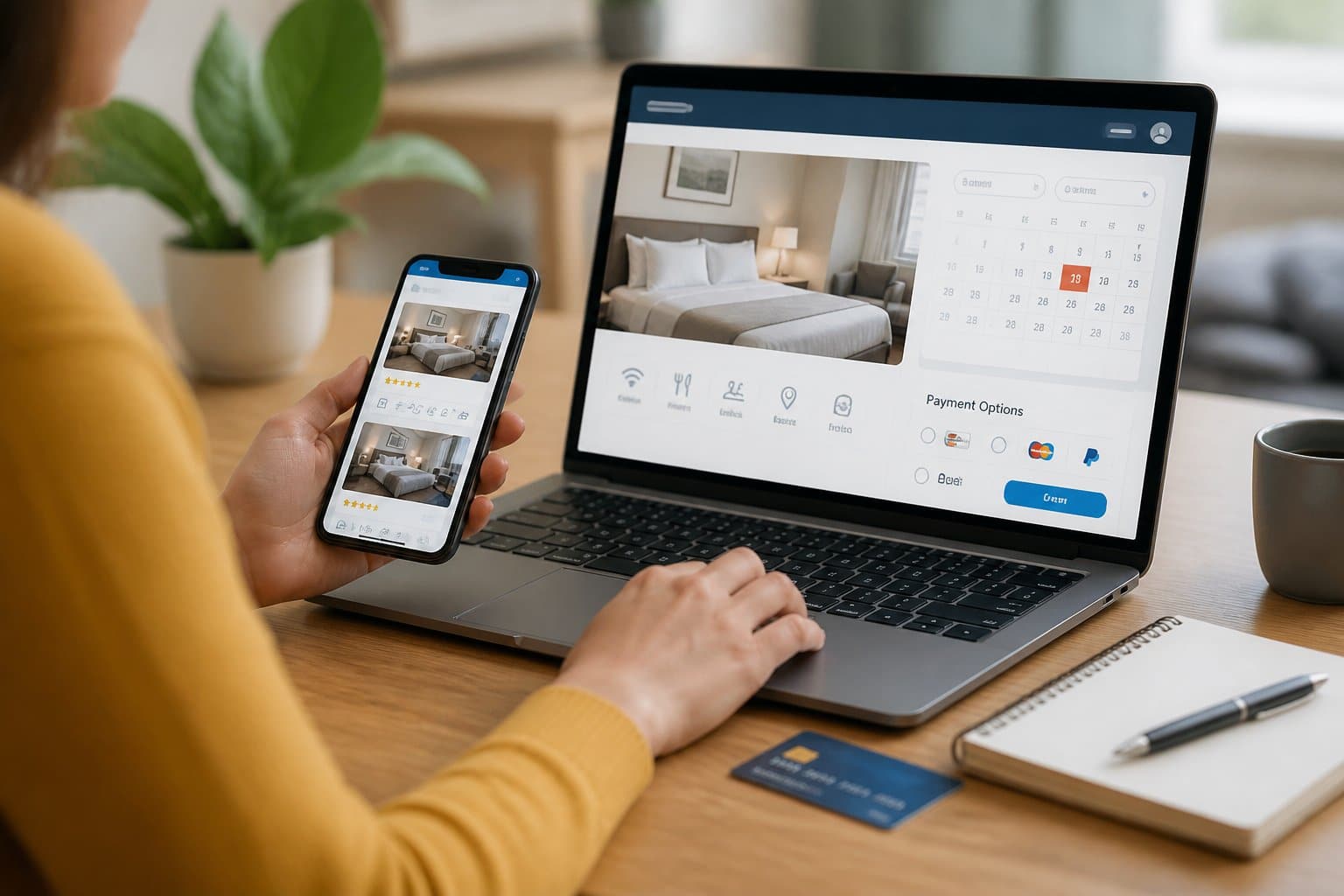 Pessoa usando laptop e smartphone para reservar acomodação online em uma mesa com cartão de crédito e caderno.