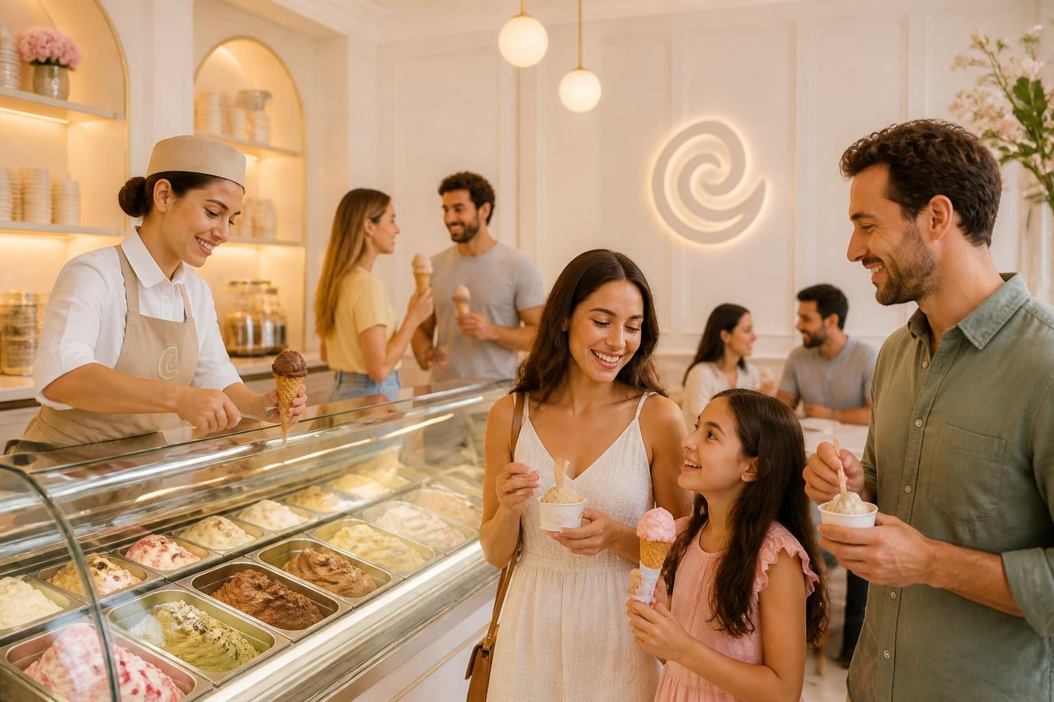 Interior iluminado de uma loja da franquia Bacio di Latte com um funcionário atendendo clientes que saboreiam sorvetes variados.