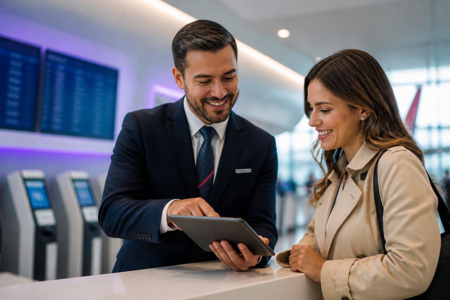 Um representante de companhia aérea ajudando um passageiro no balcão do aeroporto com um tablet.
